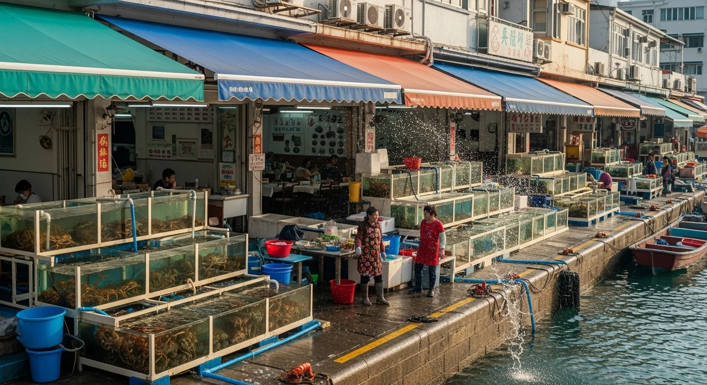 Sai Kung Seafood Street with bustling restaurants, live seafood tanks, and morning sunlight reflecting off the harbor. Sai Kung Seafood Street with bustling restaurants, live seafood tanks, and morning sunlight reflecting off the harbor.