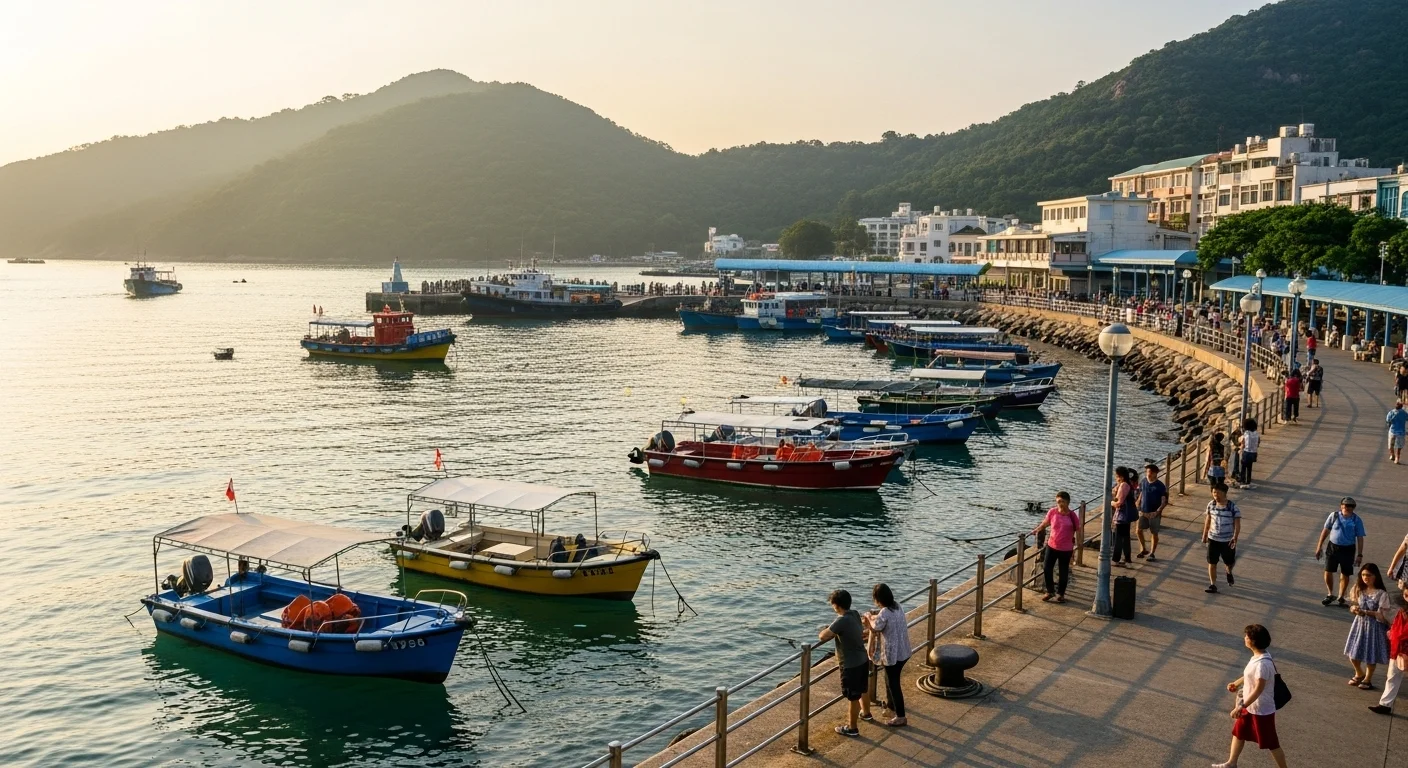 Sai Kung Public Pier at sunrise, with boats, locals, and green hills in the background. Sai Kung Public Pier at sunrise, with boats, locals, and green hills in the background.