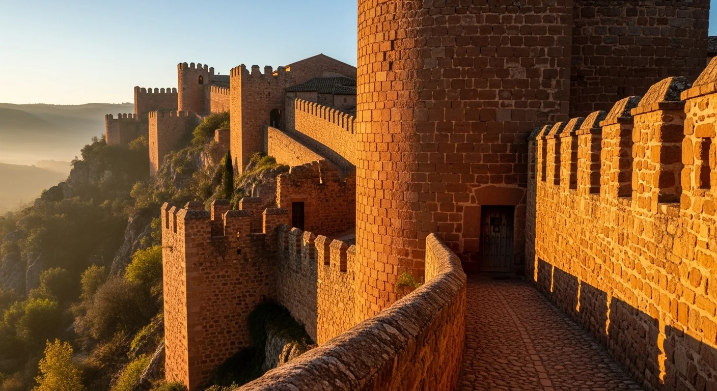 Ancient red sandstone walls of Albarracín at sunrise, showing centuries of history in their weathered surfaces as they wind along the ridgeline above the medieval town. Ancient red sandstone walls of Albarracín at sunrise, showing centuries of history in their weathered surfaces as they wind along the ridgeline above the medieval town.