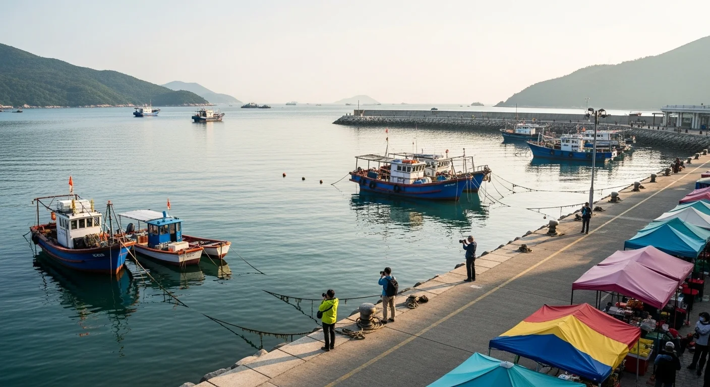 Sai Kung waterfront at sunrise, with fishing boats, calm sea, and early-morning photographers.