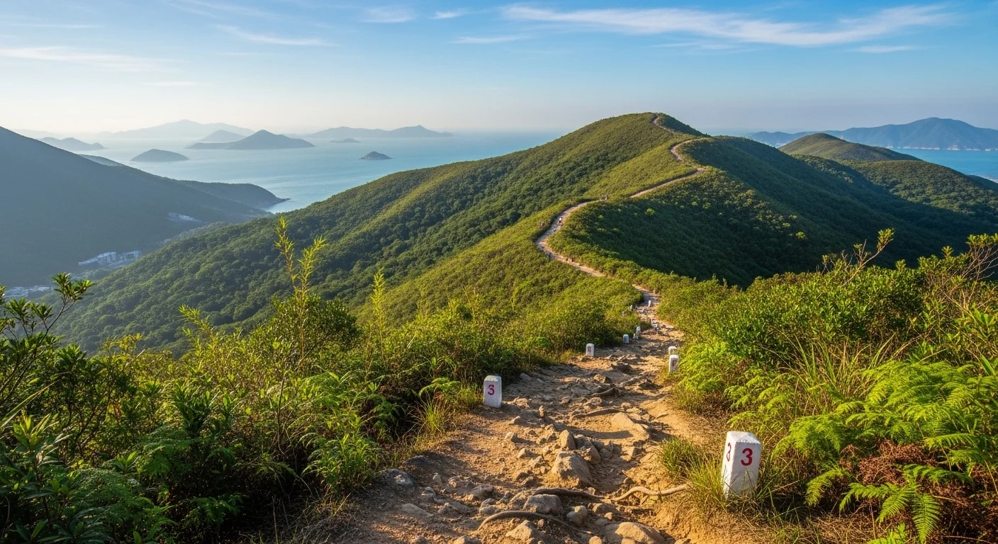 The scenic MacLehose Trail winding through the lush green hills of Sai Kung Country Park with distance markers and glimpses of the South China Sea The scenic MacLehose Trail winding through the lush green hills of Sai Kung Country Park with distance markers and glimpses of the South China Sea