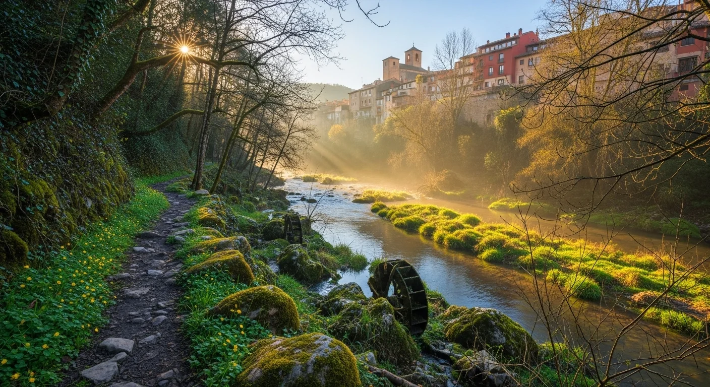 A riverside hiking trail at dawn, with old water mills, mist, and Albarracín’s red village in the background.