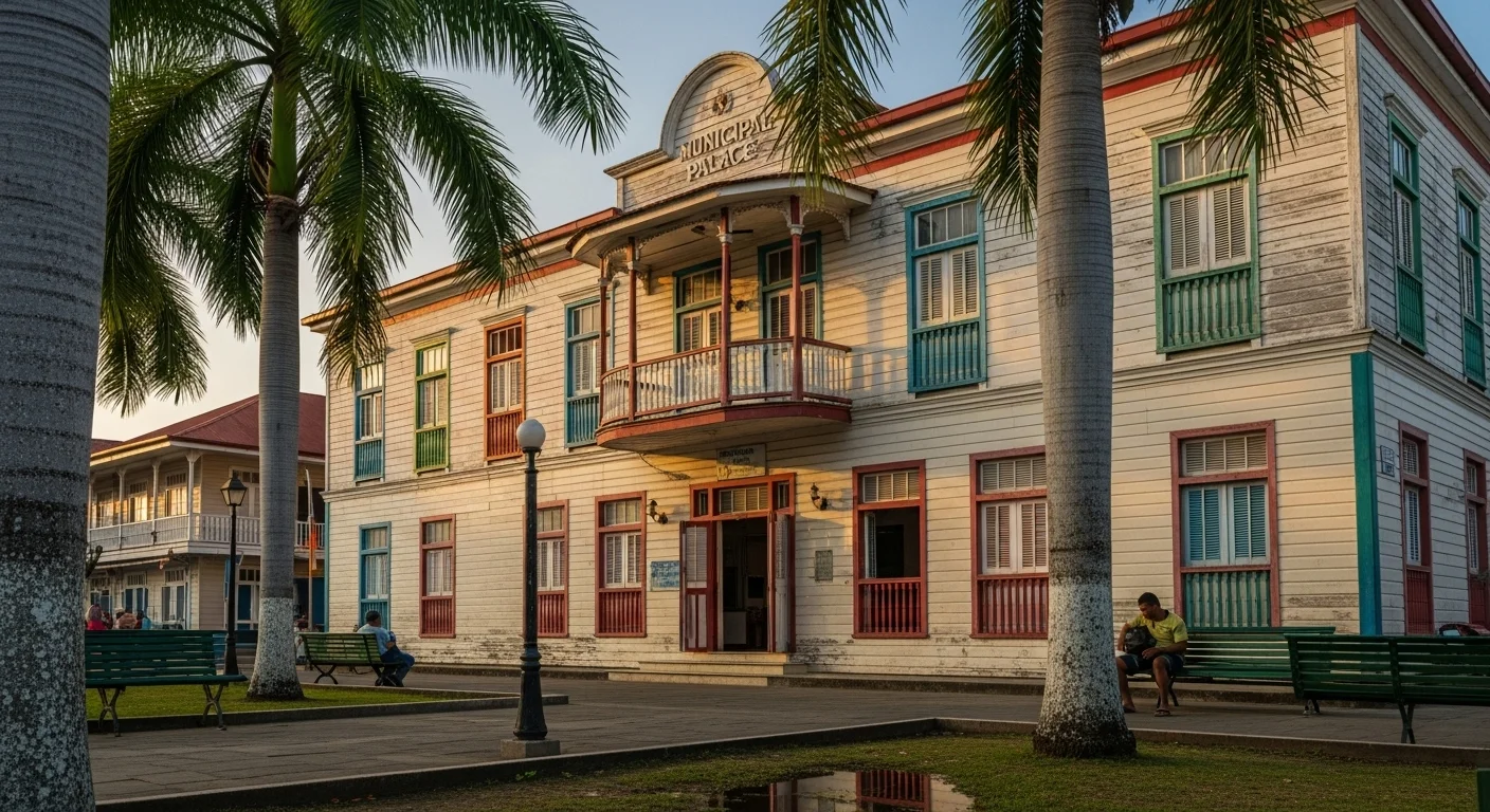 Historic Municipal Palace in Bocas del Toro with colonial architecture, wooden balconies, and colorful shutters surrounded by palm trees in morning light Historic Municipal Palace in Bocas del Toro with colonial architecture, wooden balconies, and colorful shutters surrounded by palm trees in morning light