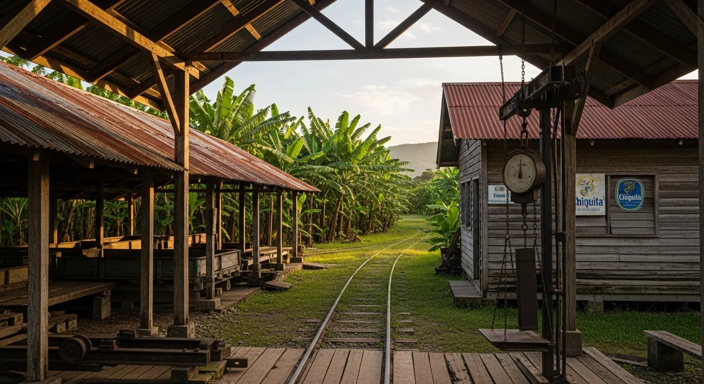Historic banana plantation with weathered wooden buildings, narrow-gauge railway tracks, and abundant banana plants showcasing Bocas del Toro's United Fruit Company legacy Historic banana plantation with weathered wooden buildings, narrow-gauge railway tracks, and abundant banana plants showcasing Bocas del Toro's United Fruit Company legacy