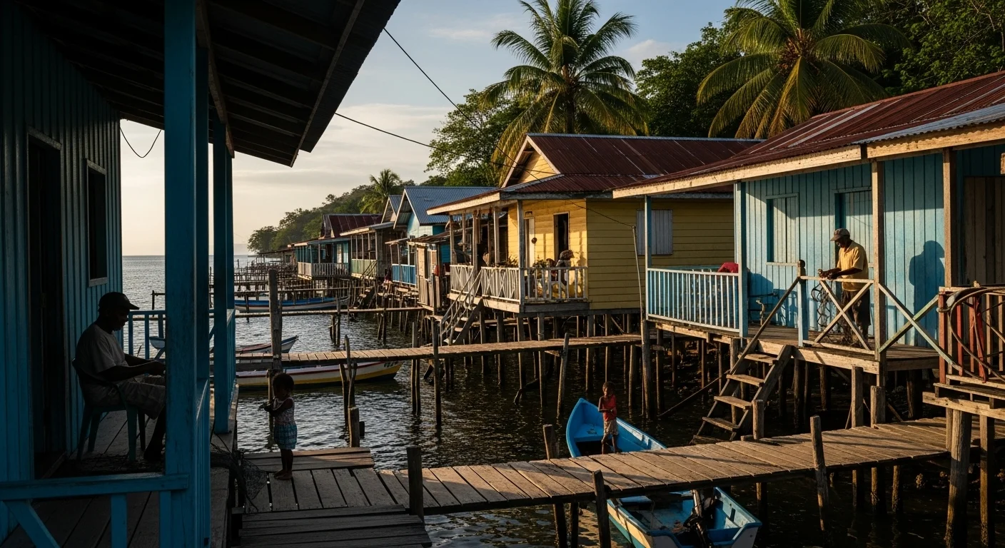 Historic Afro-Caribbean settlement on Bastimentos Island with colorful wooden houses on stilts, connected by elevated walkways over turquoise waters at golden hour Historic Afro-Caribbean settlement on Bastimentos Island with colorful wooden houses on stilts, connected by elevated walkways over turquoise waters at golden hour