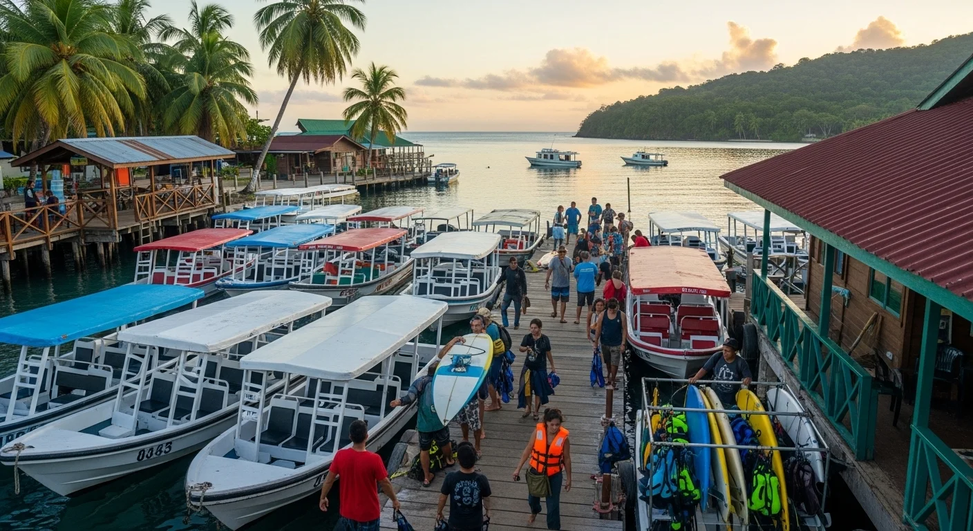 A busy Bocas del Toro dock at sunrise, with water taxis, surfboards, and travelers ready for island adventures. A busy Bocas del Toro dock at sunrise, with water taxis, surfboards, and travelers ready for island adventures.