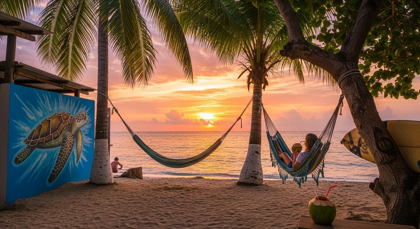 A hammock between palms, sea turtle mural, and sunset sky on Isla Colón, with a traveler enjoying coconut water. A hammock between palms, sea turtle mural, and sunset sky on Isla Colón, with a traveler enjoying coconut water.
