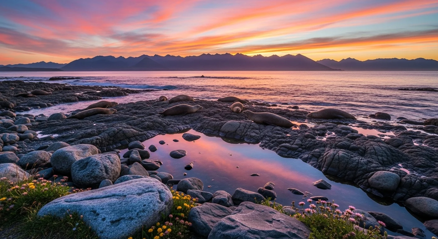 Kaikōura waterfront at sunrise with rocky shore, seals, and glowing mountains. Kaikōura waterfront at sunrise with rocky shore, seals, and glowing mountains.
