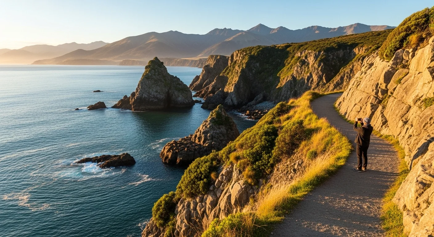 Kaikōura Peninsula Walkway with cliffs, ocean, seals, and golden hour light. Kaikōura Peninsula Walkway with cliffs, ocean, seals, and golden hour light.