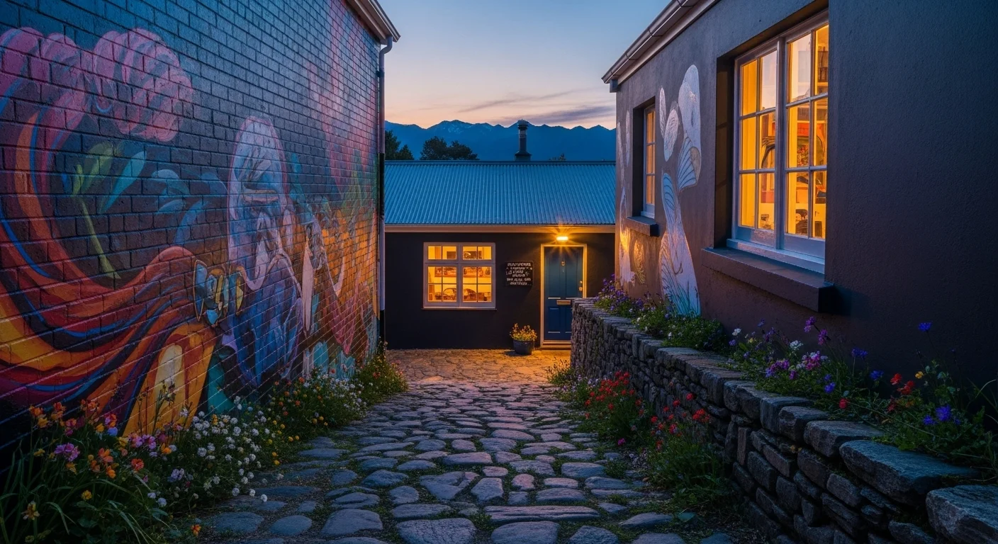 Hidden Kaikōura alley at sunset with murals, café, wildflowers, and twilight mountains. Hidden Kaikōura alley at sunset with murals, café, wildflowers, and twilight mountains.