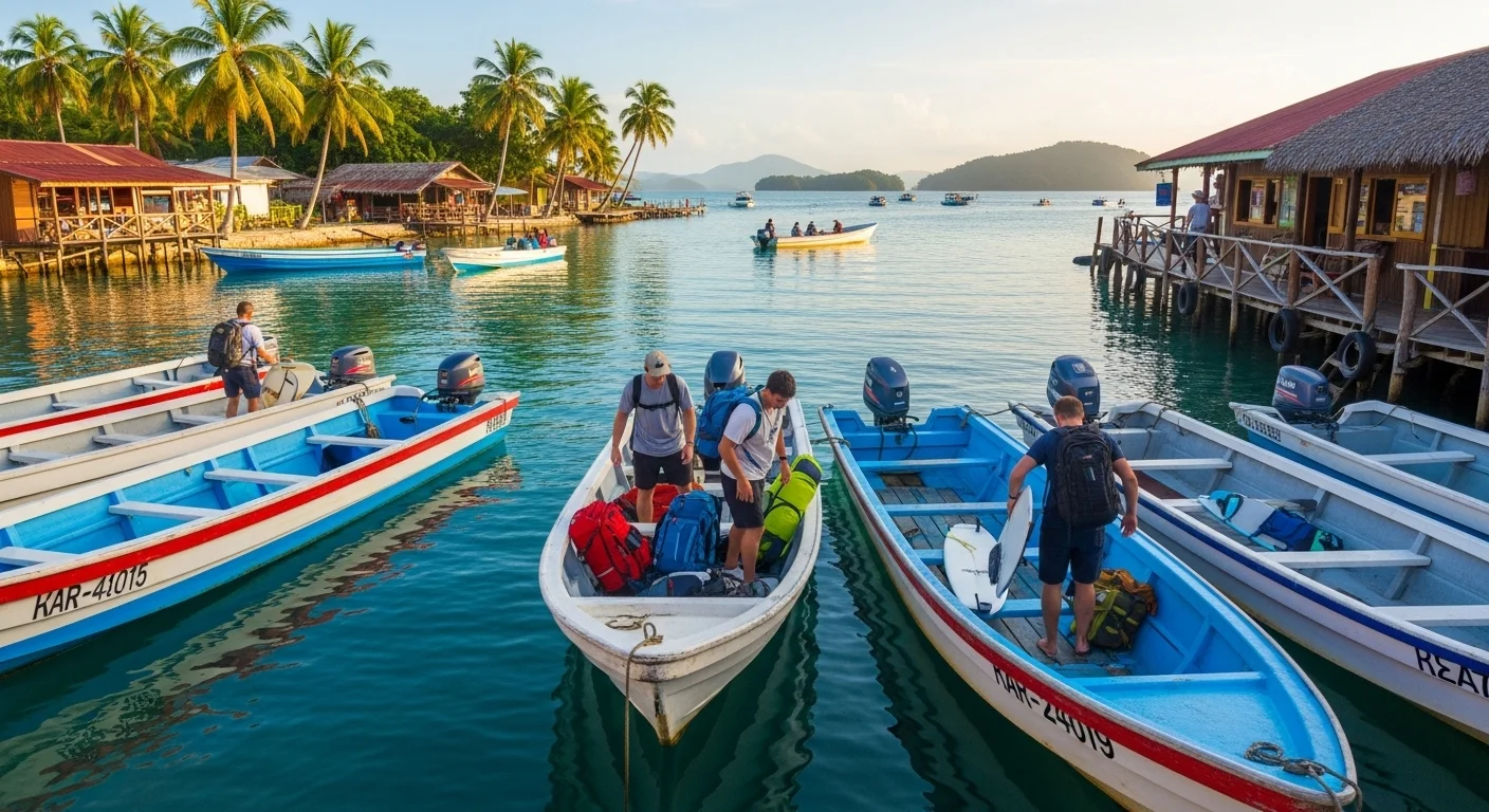 Travelers boarding water taxis at Isla Colón’s dock, with boats and palm trees in the background. Travelers boarding water taxis at Isla Colón’s dock, with boats and palm trees in the background.