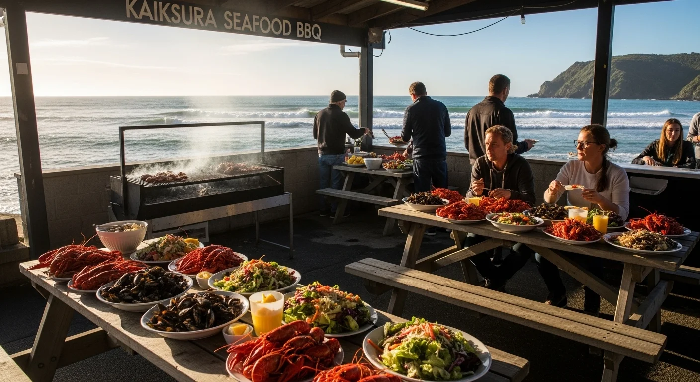 A busy seaside food kiosk in Kaikōura with people enjoying crayfish and seafood by the ocean. A busy seaside food kiosk in Kaikōura with people enjoying crayfish and seafood by the ocean.