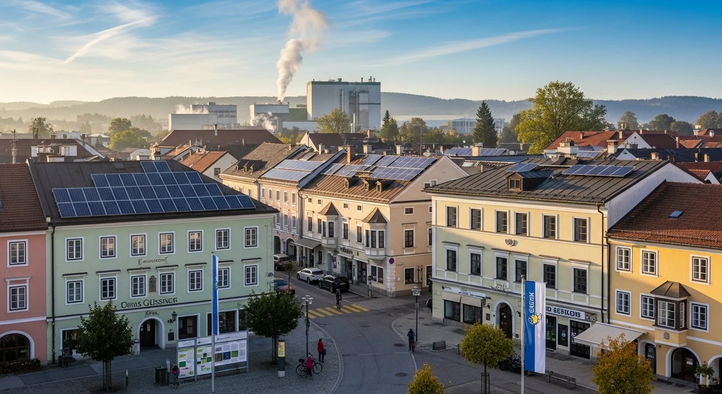 Güssing’s main square at sunrise, with solar panels, cyclists, and the biomass plant in the background. Güssing’s main square at sunrise, with solar panels, cyclists, and the biomass plant in the background.