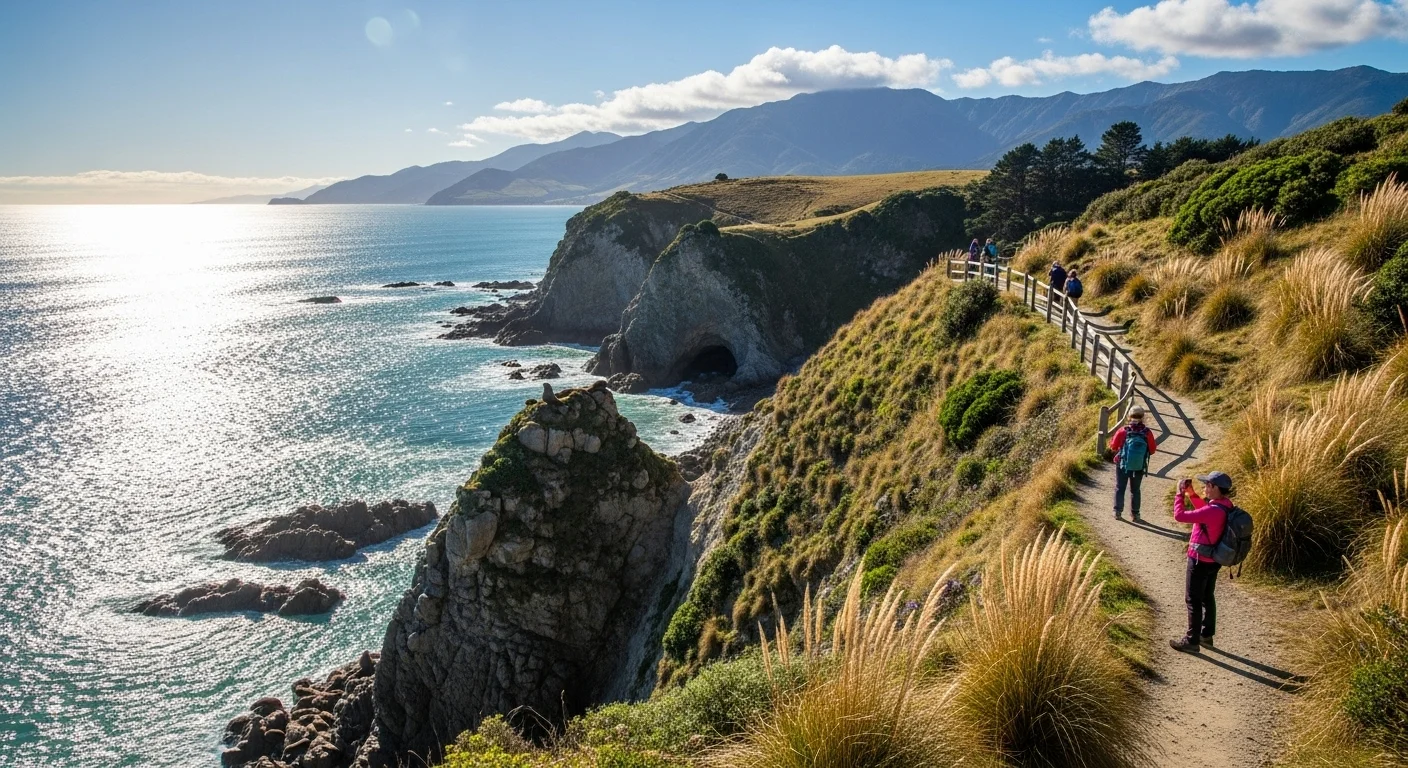 A hiker’s view along the Kaikōura Peninsula Walkway, with cliffs, ocean, seals, and mountains. A hiker’s view along the Kaikōura Peninsula Walkway, with cliffs, ocean, seals, and mountains.