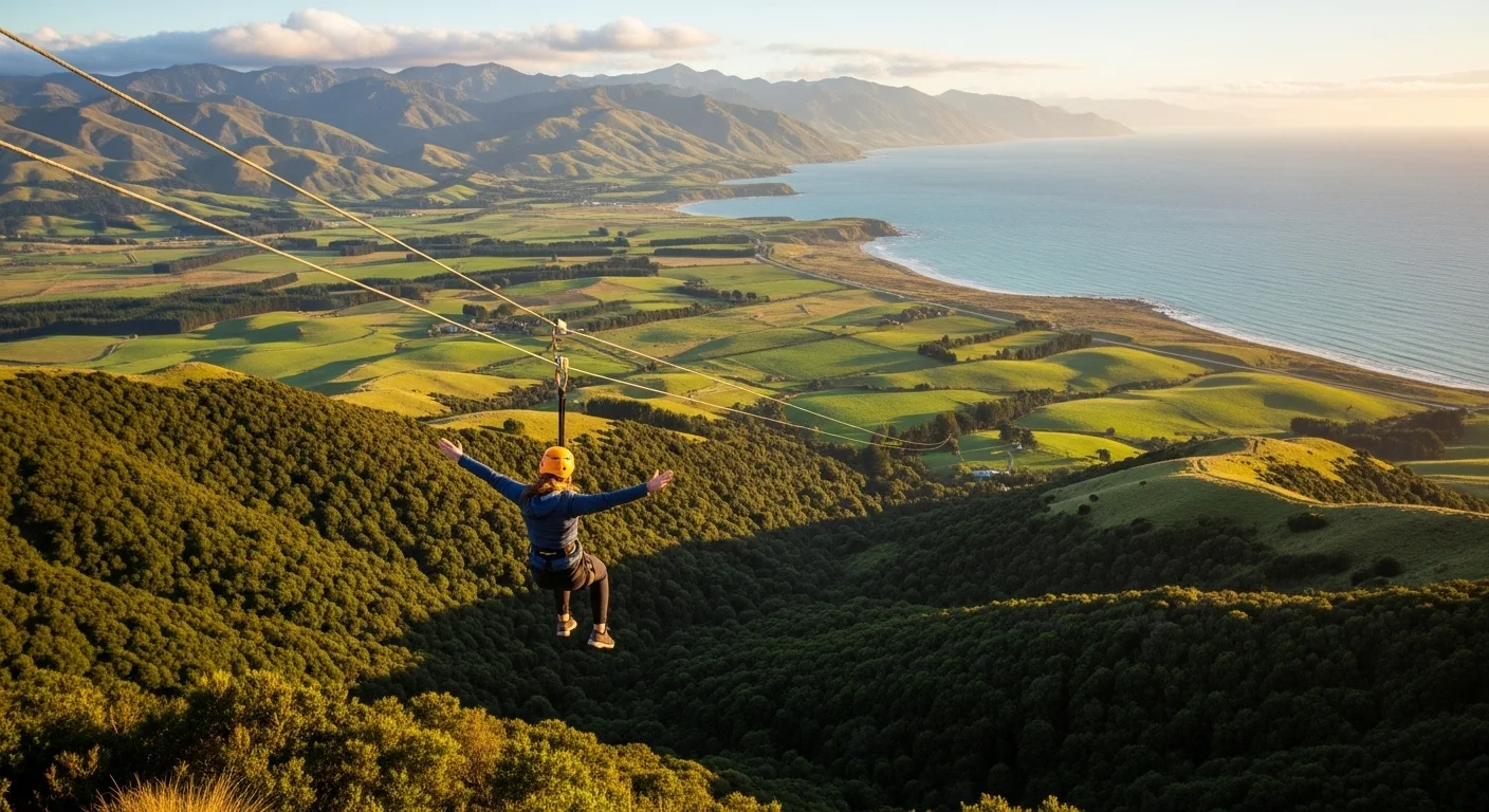 A zipliner flying above Kaikōura’s hills and ocean, with mountains glowing in the sunset. A zipliner flying above Kaikōura’s hills and ocean, with mountains glowing in the sunset.