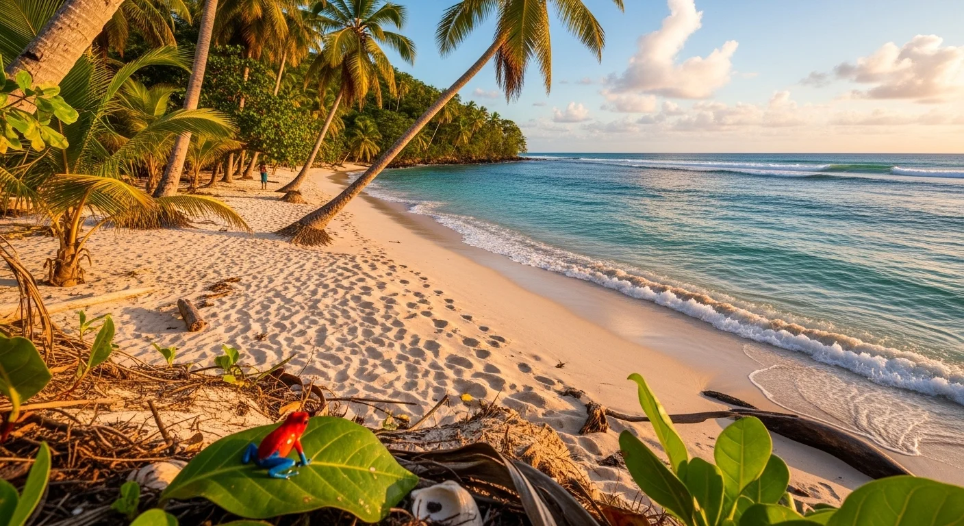 Red Frog Beach at golden hour with pristine white sand, turquoise waters, and a tiny red poison dart frog visible on tropical foliage Red Frog Beach at golden hour with pristine white sand, turquoise waters, and a tiny red poison dart frog visible on tropical foliage