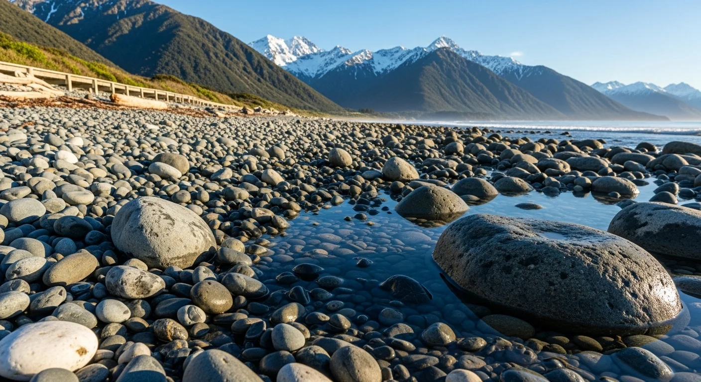 Rocky shoreline of Kaikōura Beach with smooth pebbles, tide pools, and Southern Alps mountains in background Rocky shoreline of Kaikōura Beach with smooth pebbles, tide pools, and Southern Alps mountains in background