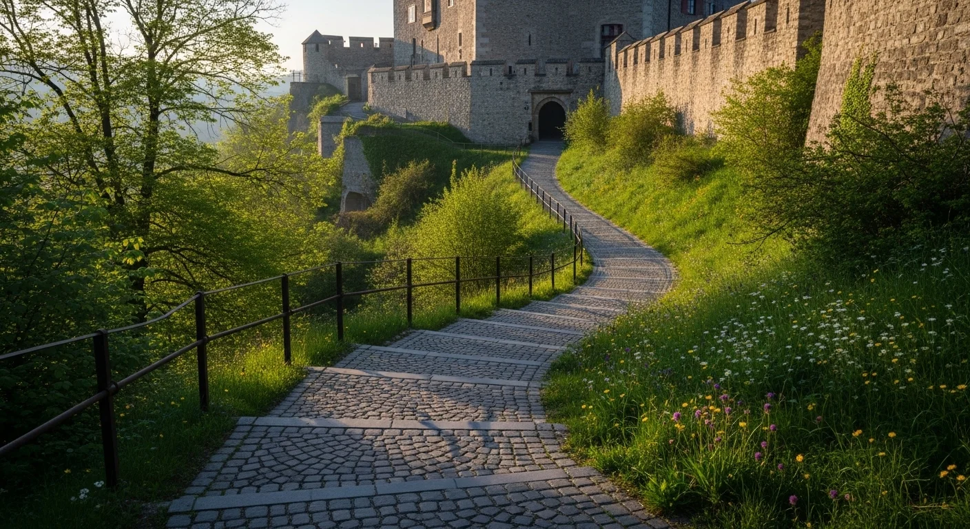 A winding path through greenery leading up to the imposing stone walls of Güssing Castle, bathed in morning light. A winding path through greenery leading up to the imposing stone walls of Güssing Castle, bathed in morning light.