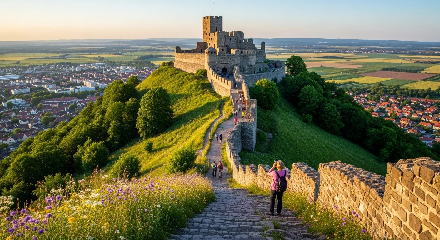 Burg Güssing’s stone walls atop a green hill, with a traveler admiring the view and the town below. Burg Güssing’s stone walls atop a green hill, with a traveler admiring the view and the town below.