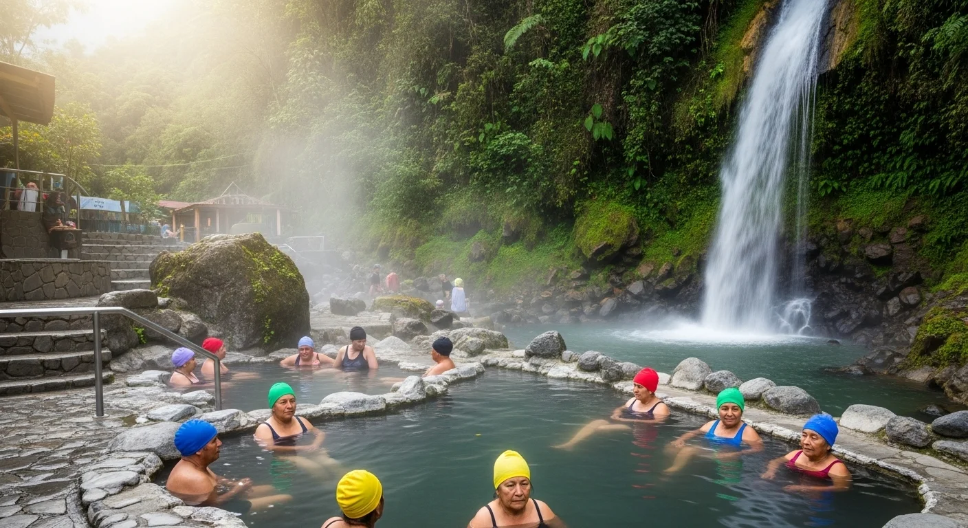 Locals and travelers soaking in the steamy Termas de la Virgen hot springs beneath a lush waterfall in Baños. Locals and travelers soaking in the steamy Termas de la Virgen hot springs beneath a lush waterfall in Baños.