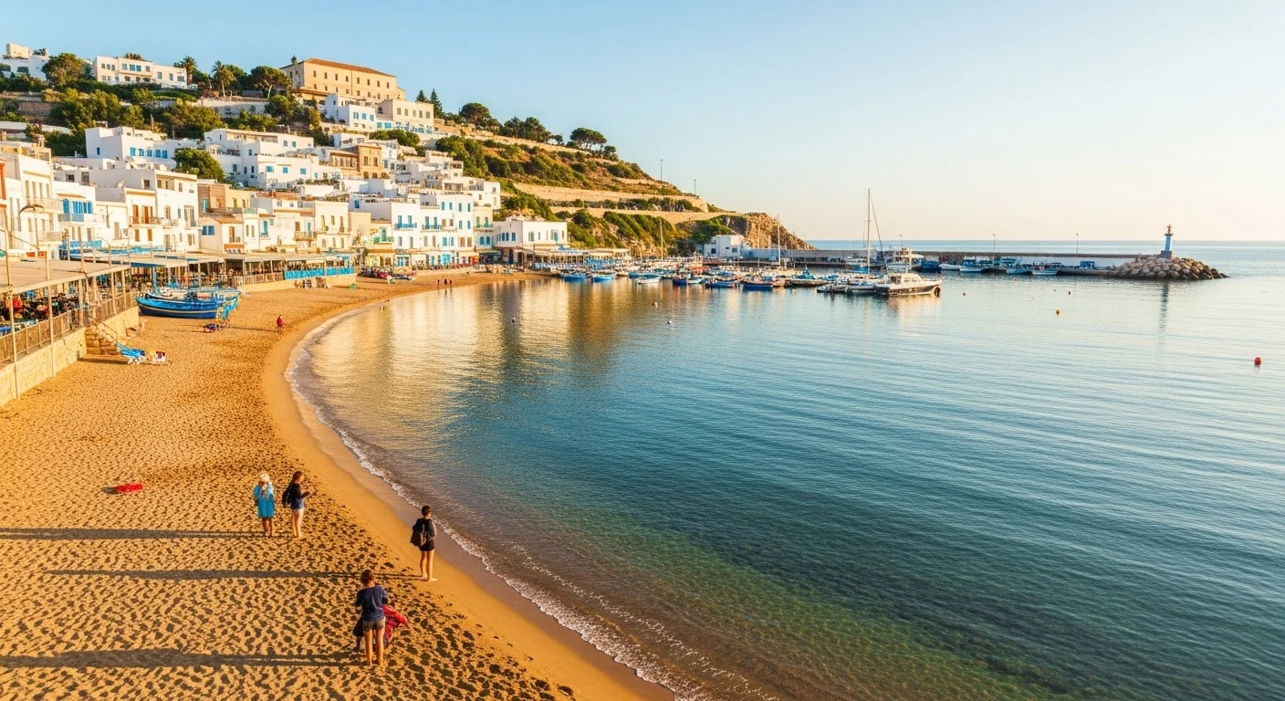 Sidi Bou Said beach at sunrise, with golden sand, clear water, and blue-and-white houses above. Sidi Bou Said beach at sunrise, with golden sand, clear water, and blue-and-white houses above.