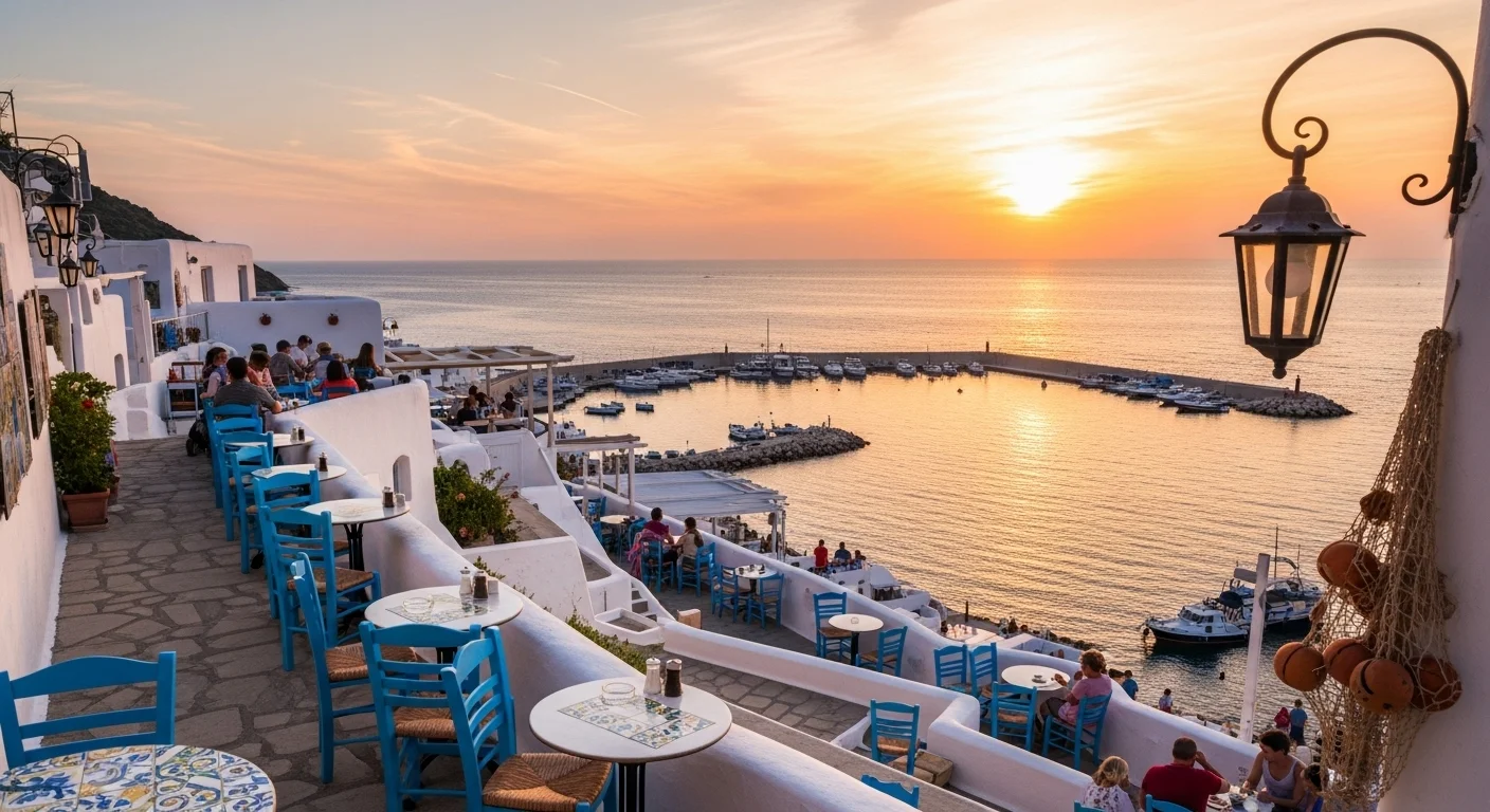 Café des Délices terraces at sunset, with guests, blue chairs, and a glowing sea view. Café des Délices terraces at sunset, with guests, blue chairs, and a glowing sea view.