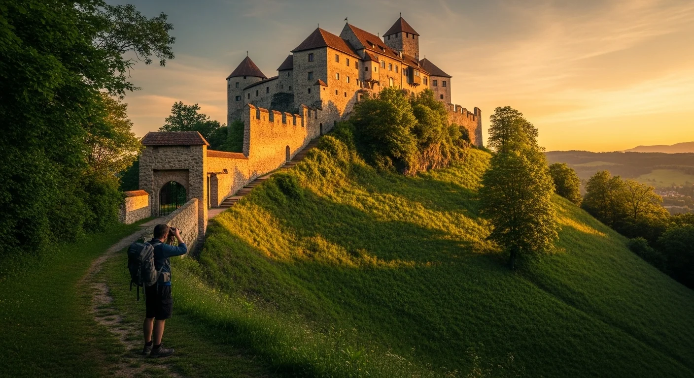 Güssing Castle glowing in sunset light, seen from below, with a photographer in the foreground. Güssing Castle glowing in sunset light, seen from below, with a photographer in the foreground.