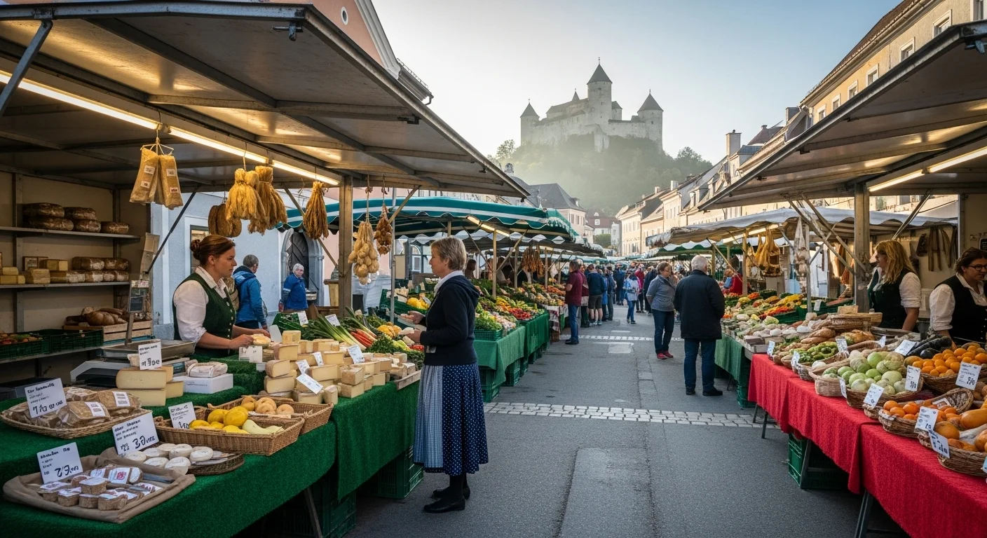 Güssing’s morning market with colorful stalls, fresh produce, and the castle in the background. Güssing’s morning market with colorful stalls, fresh produce, and the castle in the background.