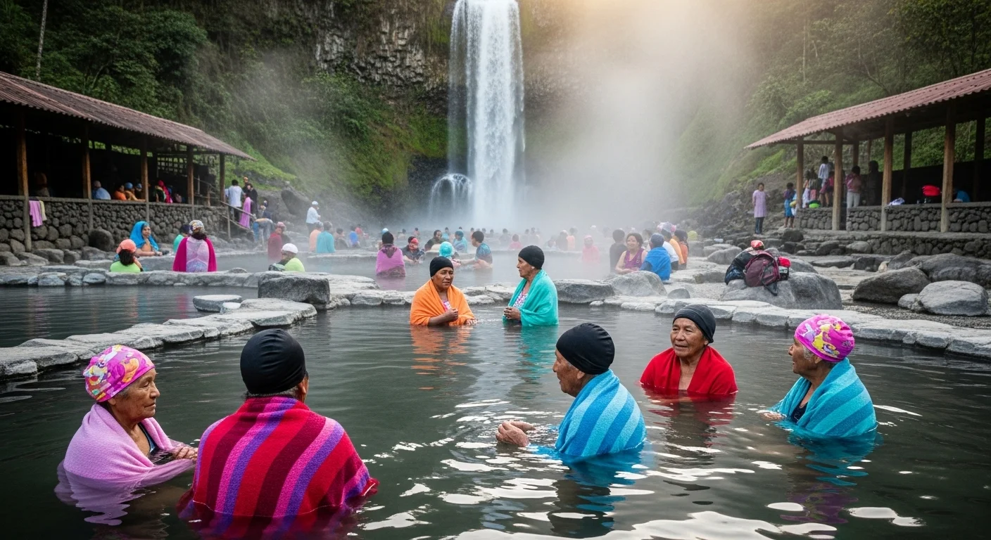 Locals soaking in the steamy Termas de la Virgen hot springs at sunrise, with a waterfall in the background. Locals soaking in the steamy Termas de la Virgen hot springs at sunrise, with a waterfall in the background.