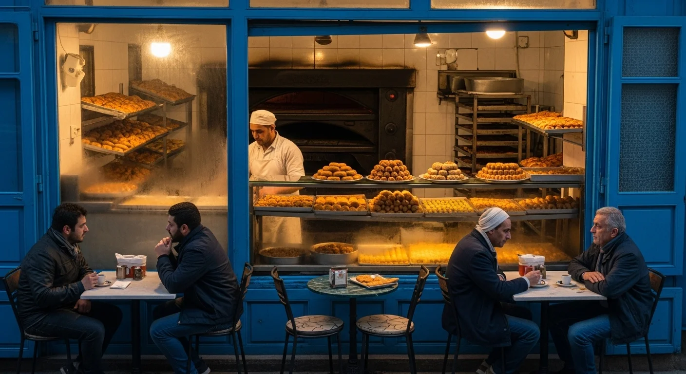 A cozy Sidi Bou Said bakery at sunrise, golden pastries in the window, blue doors, and early customers enjoying coffee. A cozy Sidi Bou Said bakery at sunrise, golden pastries in the window, blue doors, and early customers enjoying coffee.