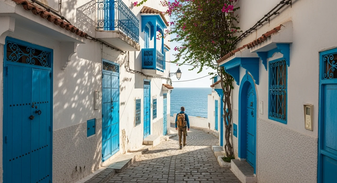 A traveler walks along Rue Habib Thameur in Sidi Bou Said, surrounded by white and blue buildings in soft morning light. A traveler walks along Rue Habib Thameur in Sidi Bou Said, surrounded by white and blue buildings in soft morning light.