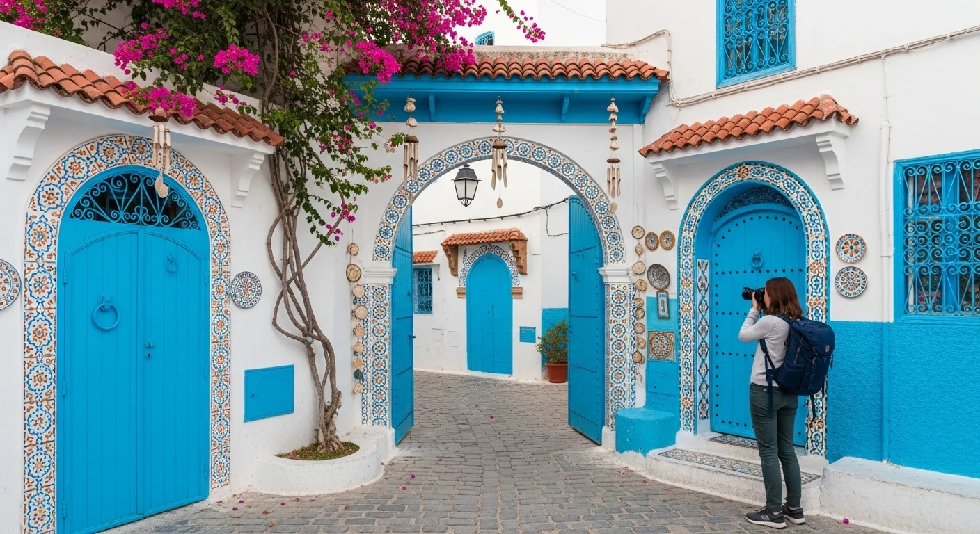 A quiet morning street in Sidi Bou Said, blue doors and white walls glowing, a traveler admiring hand-painted details. A quiet morning street in Sidi Bou Said, blue doors and white walls glowing, a traveler admiring hand-painted details.