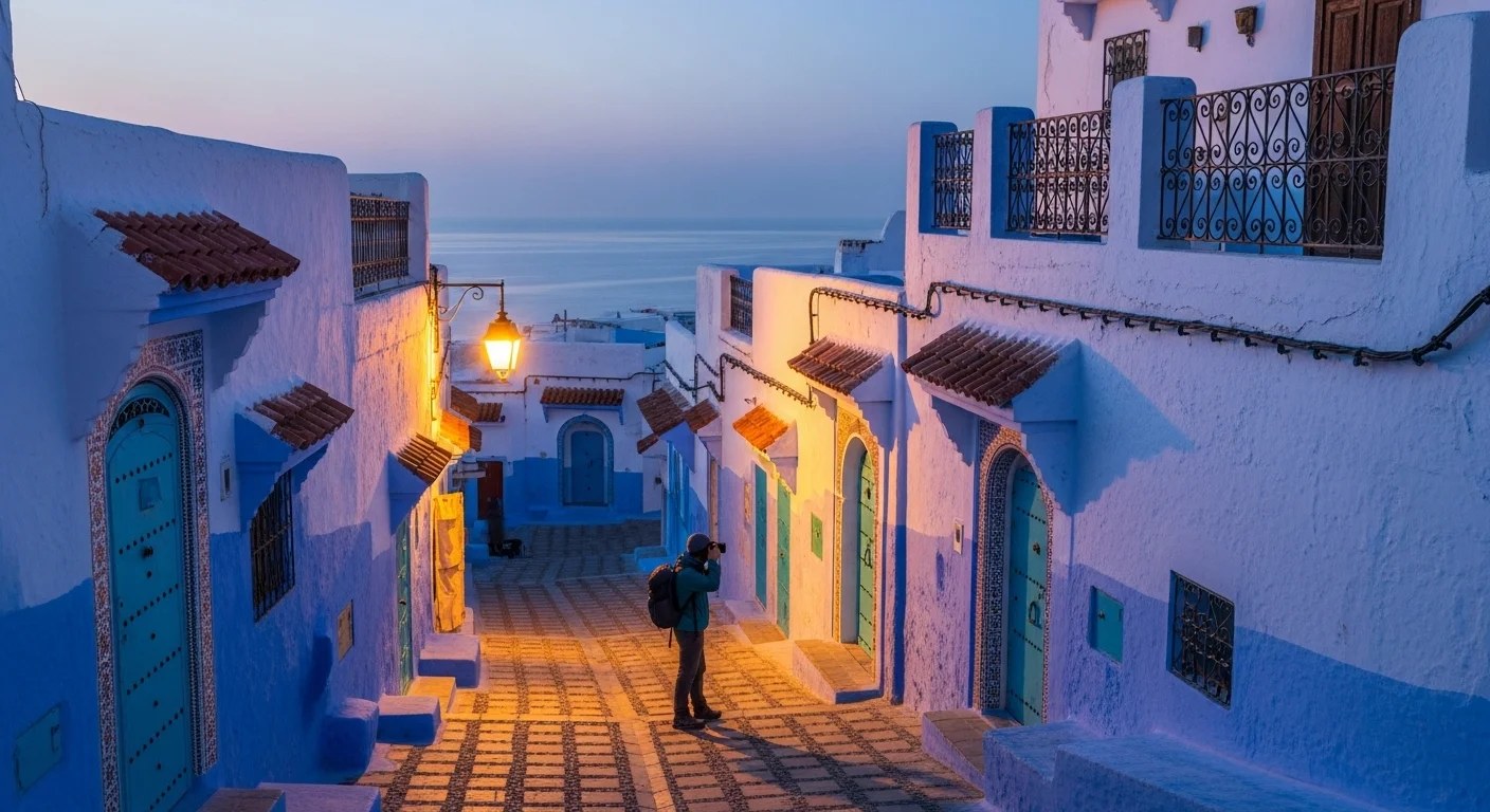 A quiet, sunlit street in Sidi Bou Said with blue-and-white houses and a lone photographer. A quiet, sunlit street in Sidi Bou Said with blue-and-white houses and a lone photographer.
