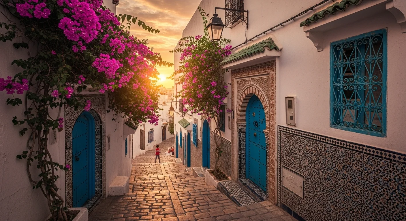 A sunlit alley in Sidi Bou Said with bougainvillea, blue doors, and golden evening light. A sunlit alley in Sidi Bou Said with bougainvillea, blue doors, and golden evening light.