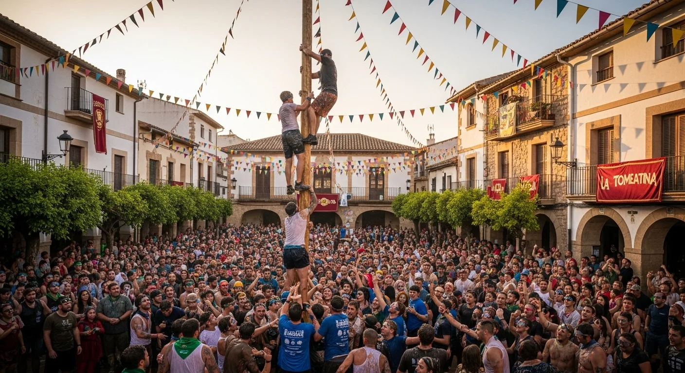 Crowds gather in Buñol’s main square at sunrise, preparing for La Tomatina’s start. Crowds gather in Buñol’s main square at sunrise, preparing for La Tomatina’s start.