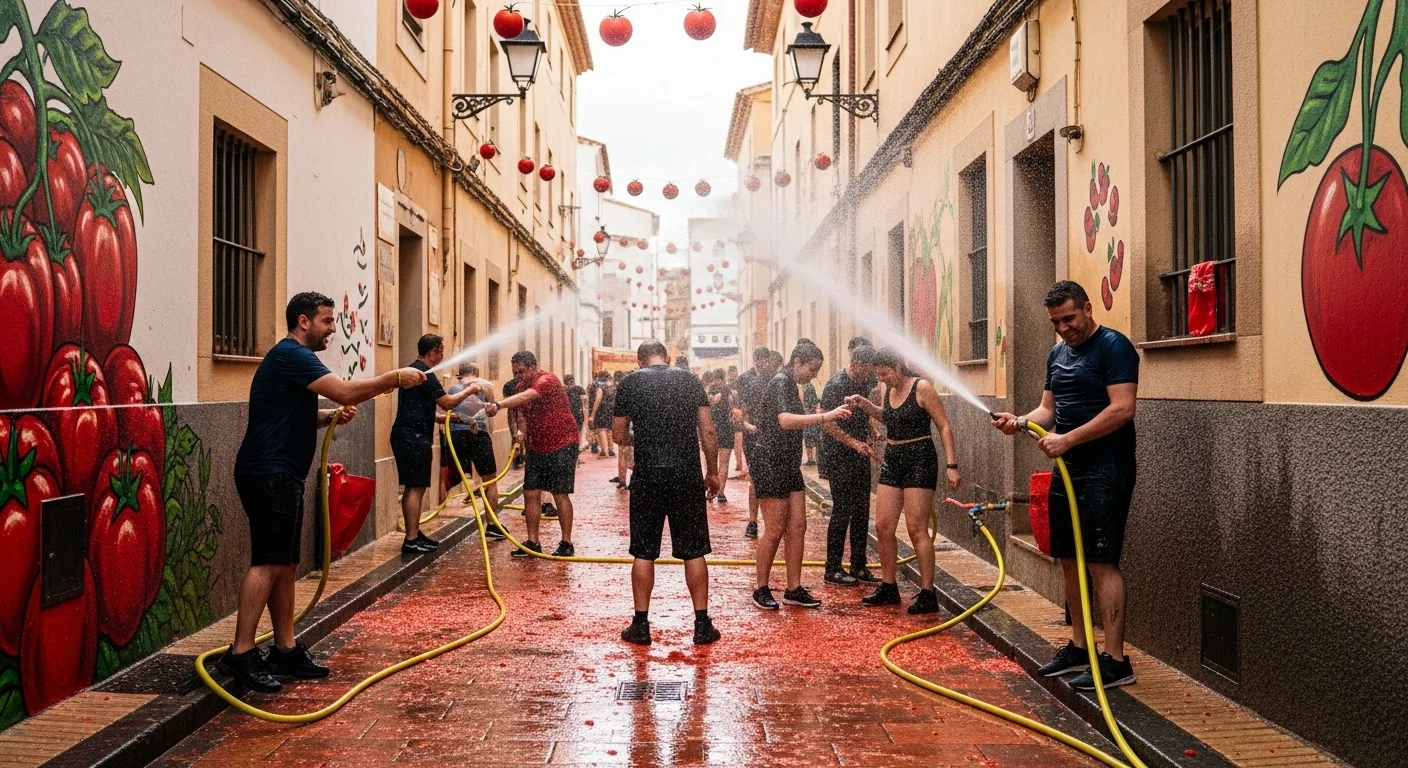 Locals hose down tomato-covered visitors in Buñol’s alleys, murals in the background. Locals hose down tomato-covered visitors in Buñol’s alleys, murals in the background.