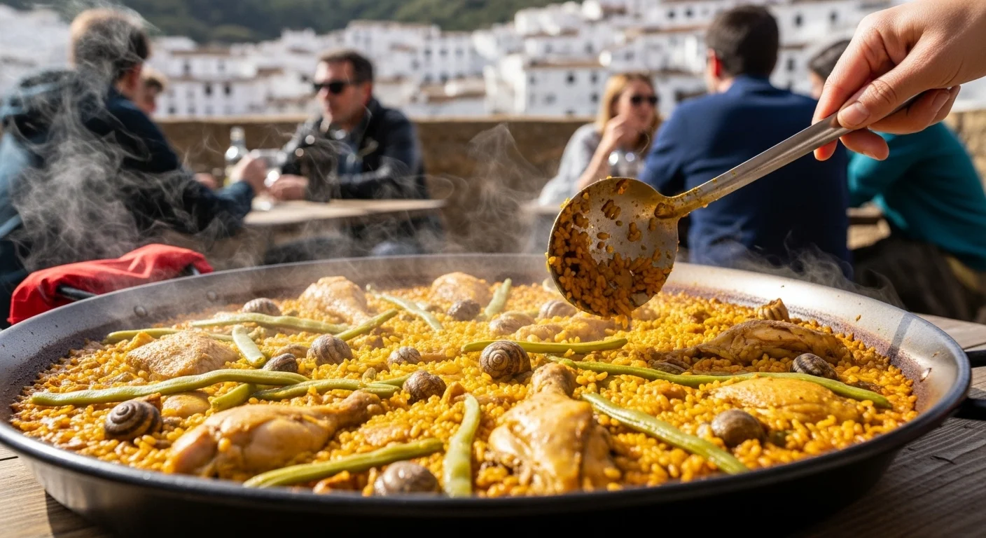 A steaming pan of traditional Valencian paella with chicken, rabbit, green beans, and snails, served outdoors in Buñol. A steaming pan of traditional Valencian paella with chicken, rabbit, green beans, and snails, served outdoors in Buñol.