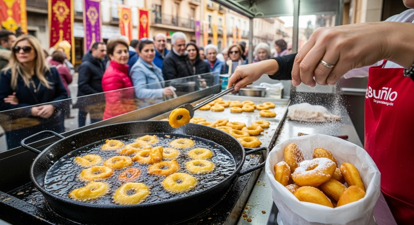 Freshly fried bunyols being dusted with sugar at a street stall in Buñol, with locals waiting in line. Freshly fried bunyols being dusted with sugar at a street stall in Buñol, with locals waiting in line.