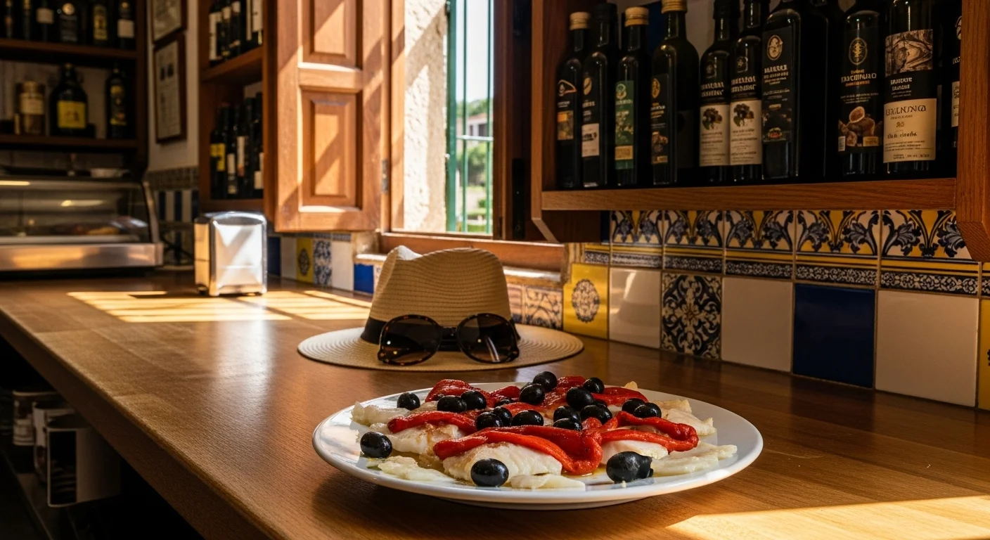 A plate of esgarraet salad on a wooden bar in a sunlit, traditional Buñol tapas bar. A plate of esgarraet salad on a wooden bar in a sunlit, traditional Buñol tapas bar.
