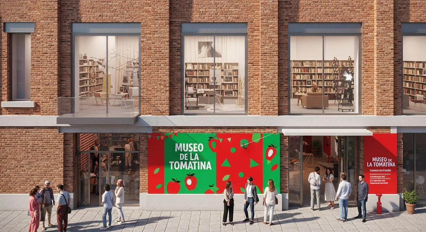 Molino de Galán’s modern entrance with art displays and a sign for the La Tomatina Museum, bustling with visitors. 