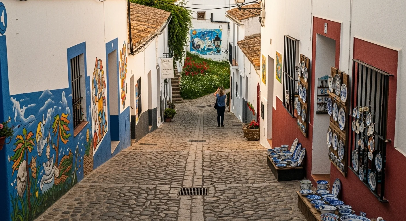 Buñol’s old town street with murals, artisan shops, and blooming wildflowers, captured in warm evening light. 