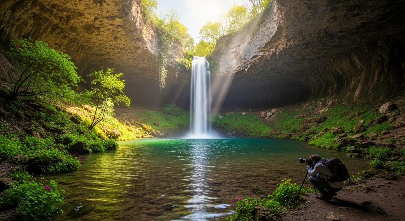 A lush cave and waterfall scene at Cueva Turche, with a photographer capturing the sunlight and reflections. A lush cave and waterfall scene at Cueva Turche, with a photographer capturing the sunlight and reflections.