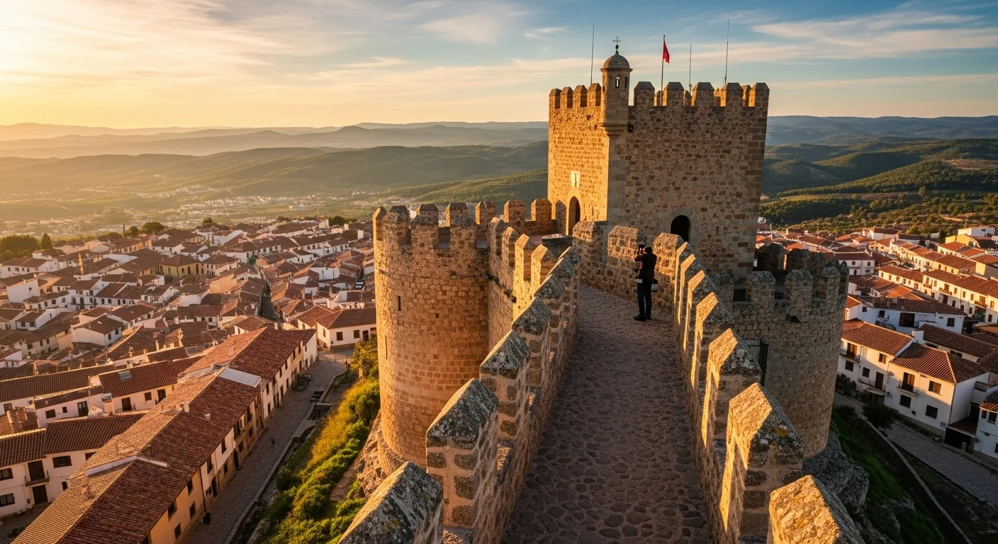 A golden-hour view from Castillo de Buñol, overlooking rooftops and hills with a photographer in the frame. A golden-hour view from Castillo de Buñol, overlooking rooftops and hills with a photographer in the frame.