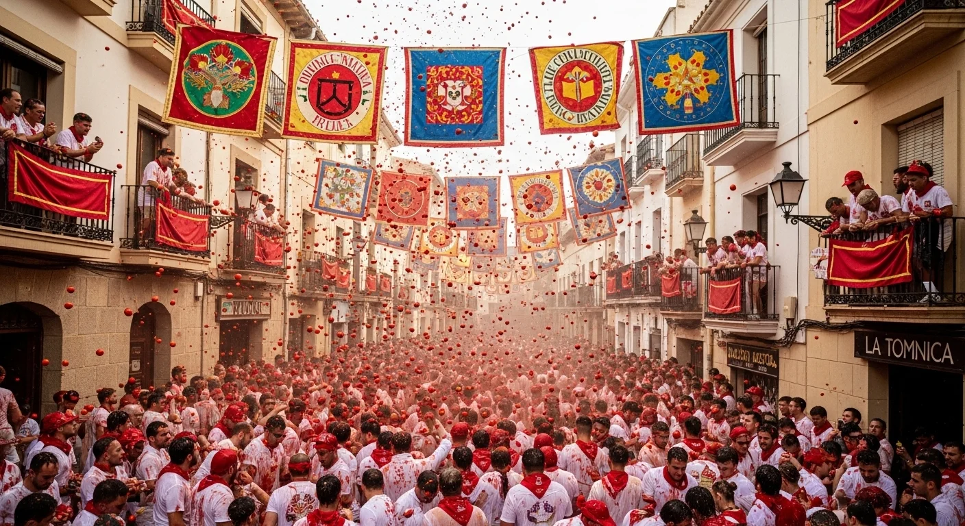 A lively street scene during La Tomatina, with crowds, flying tomatoes, and colorful Spanish buildings. A lively street scene during La Tomatina, with crowds, flying tomatoes, and colorful Spanish buildings.