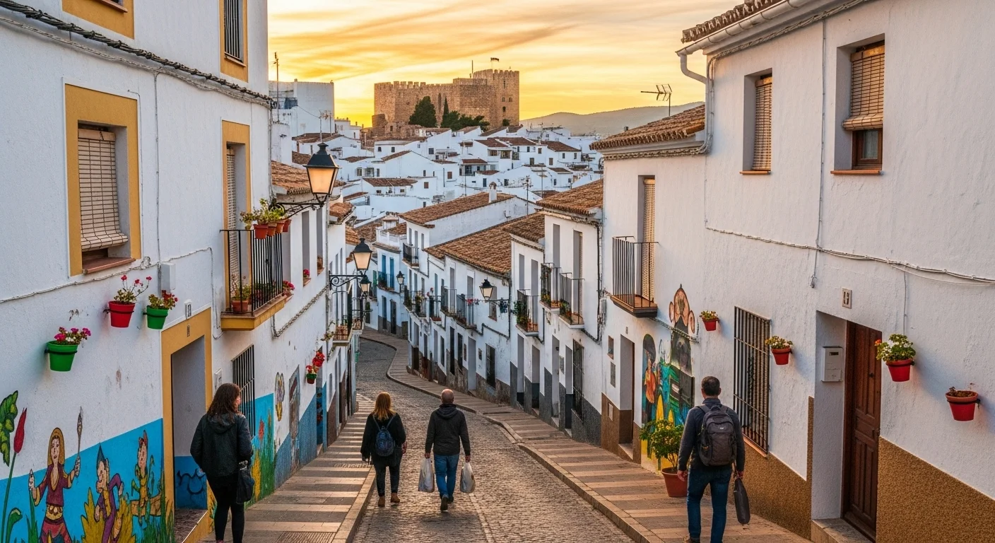Buñol old town’s winding streets, whitewashed houses, murals, and castle at sunset.