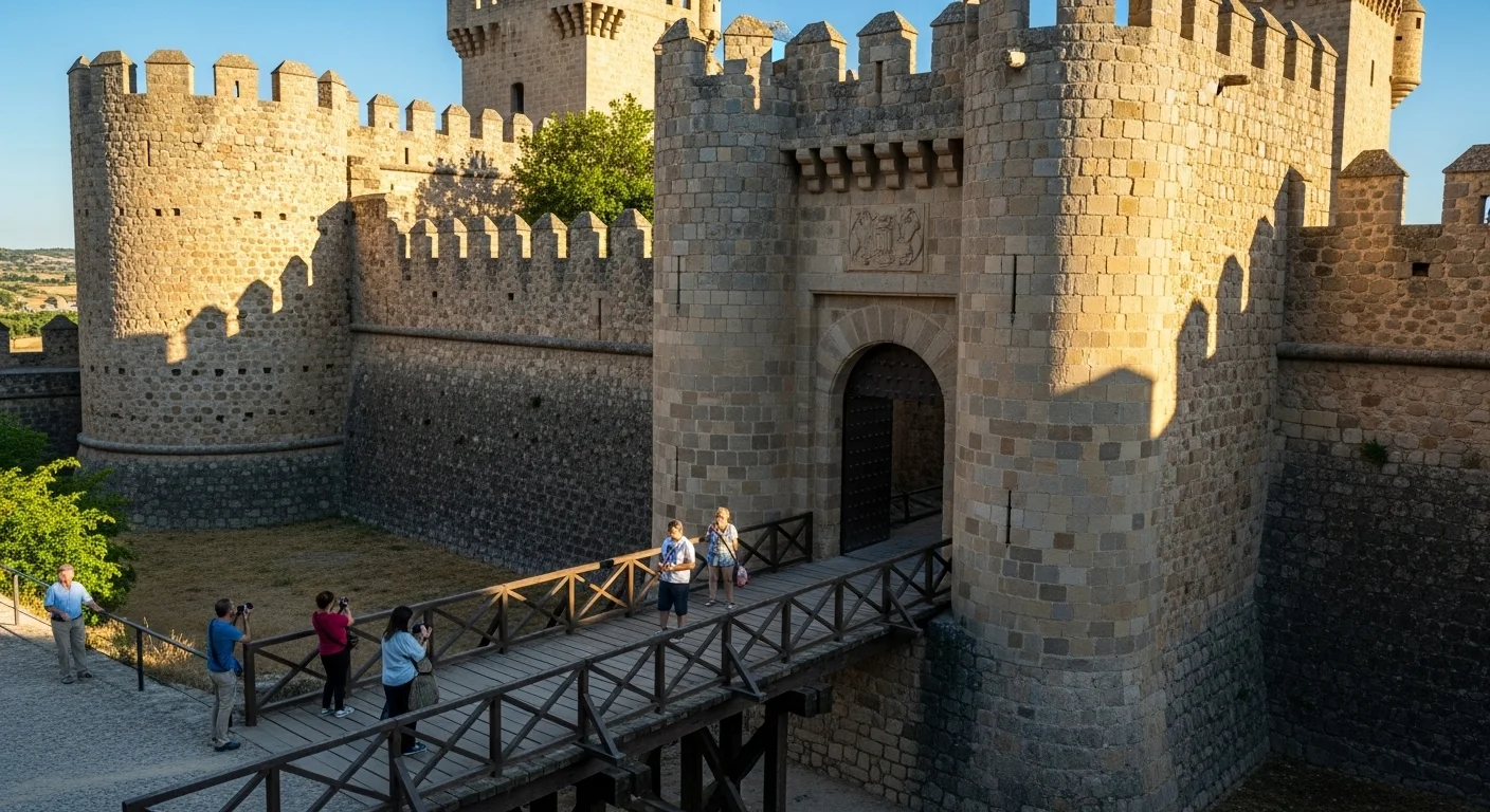 View of Castillo de Buñol’s stone entrance, wooden bridge, and towering walls under sunlight.