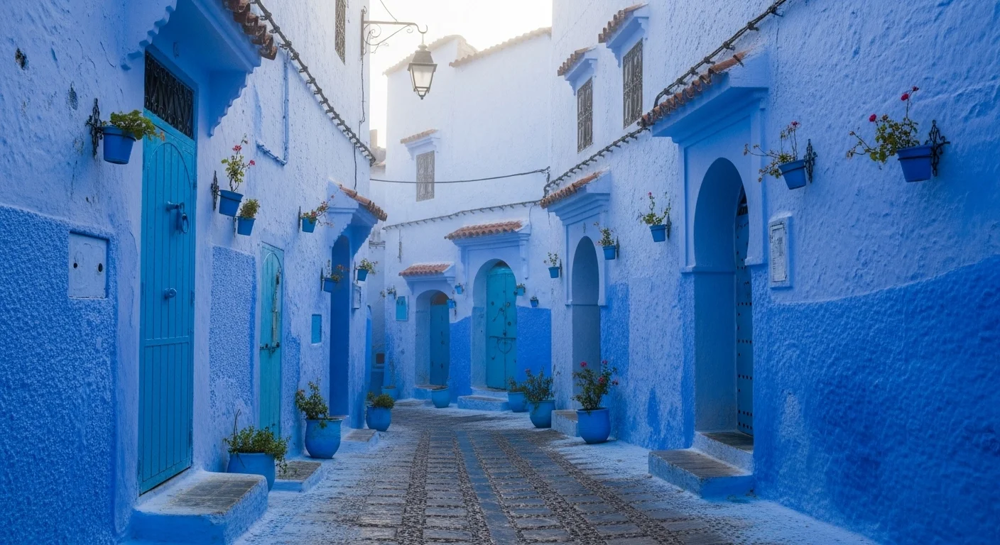 A tranquil blue street in Chefchaouen at dawn, bathed in soft morning light and gentle mist.
