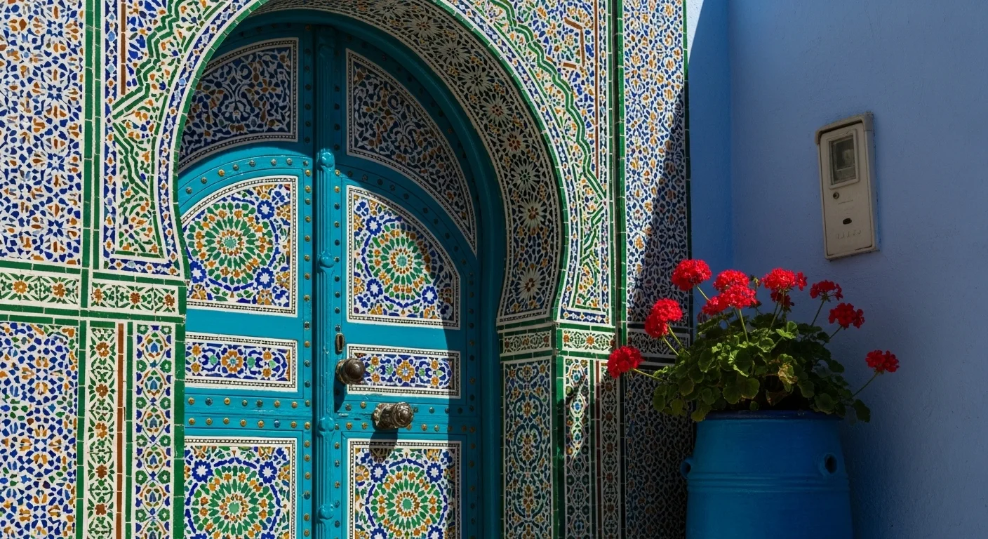 A detailed view of a mosaic-tiled doorway in Chefchaouen, with sunlight highlighting the vibrant patterns.