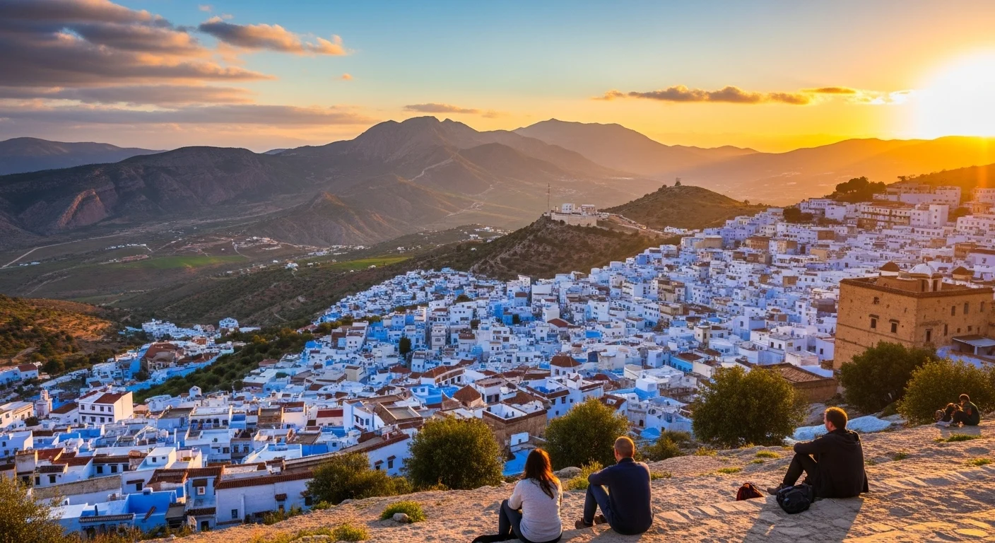A sweeping sunset view of Chefchaouen from the Spanish Mosque, with blue rooftops and glowing mountains.