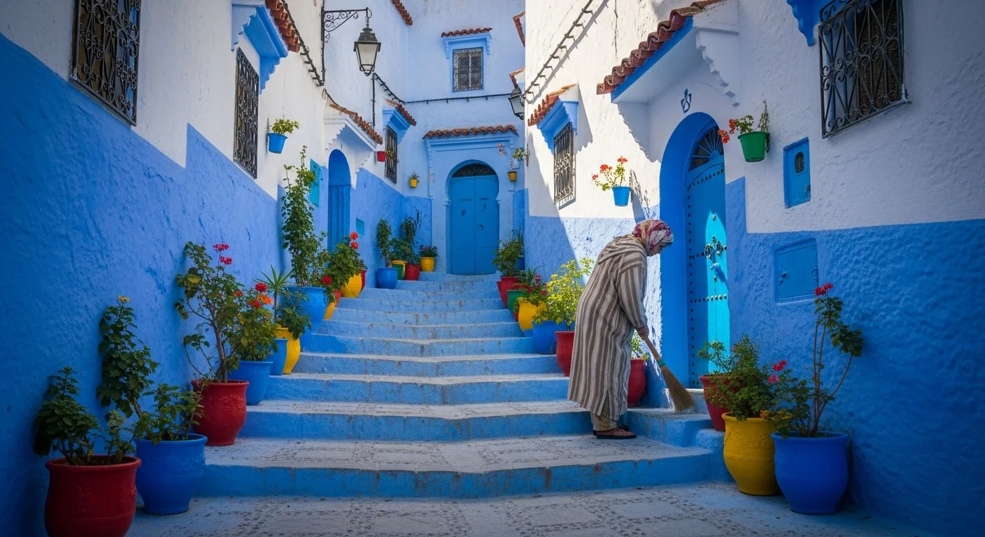 A tranquil blue alleyway in Chefchaouen’s medina, bathed in morning light